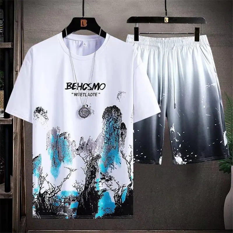 2022 New Men Two Piece Set Summer Sport Wear Fashion Mens Joggers Set Harajuku Tshirt and Short Set Casual Tracksuit Size 5XL