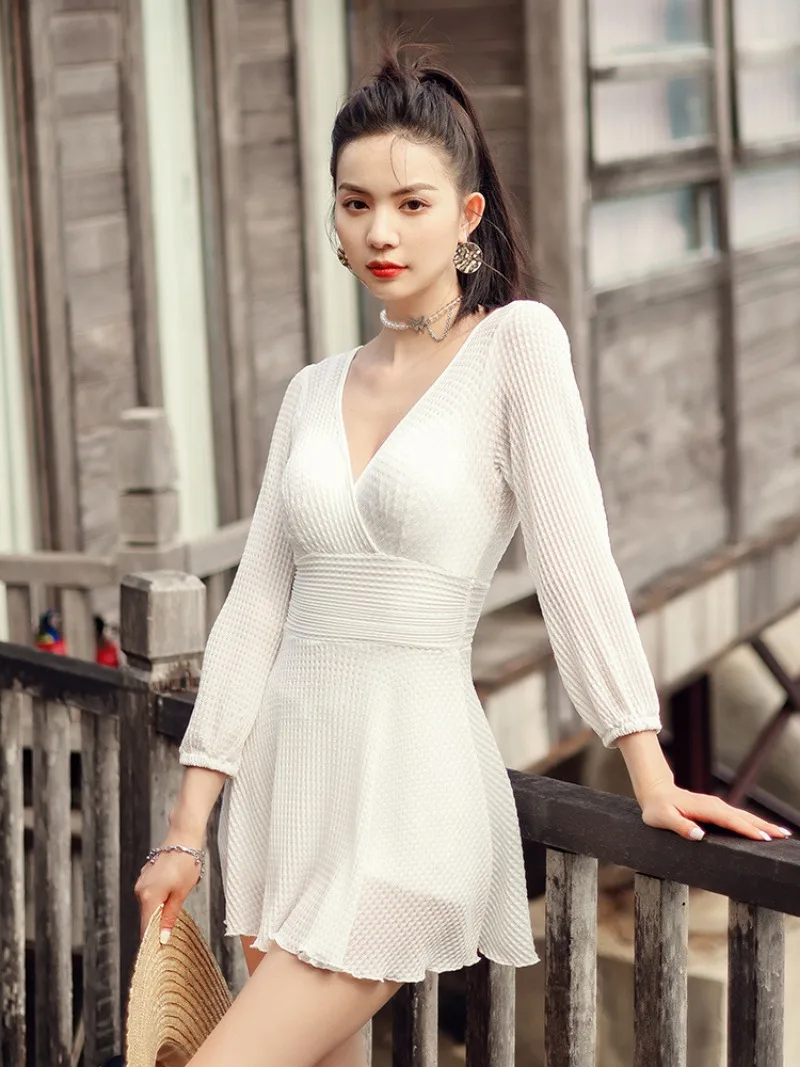 

Women Solid White Swimwear Pleated Monokini Sexy Skirt One Piece Swimsuit Tummy Control Bathing Suit Push Up Pad Jersey Dropship