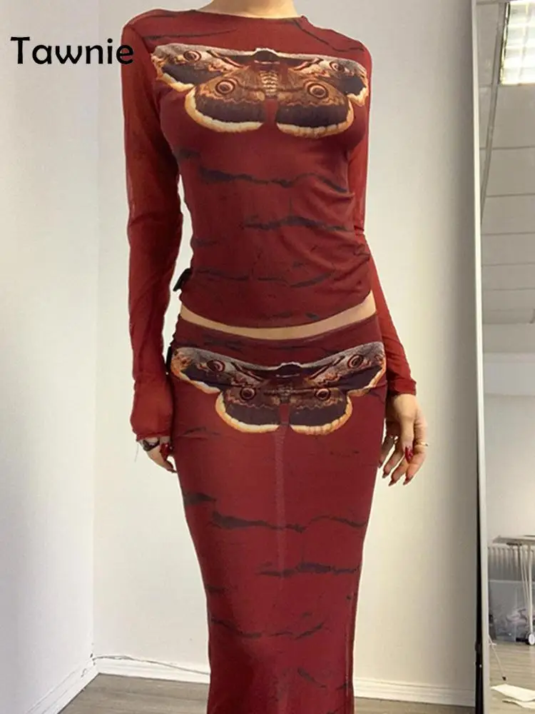

Tawnie 2022 Autumn Retro Dress Set Women Y2K Fairy Grunge Butterfly Mesh Long Sleeve T Shirt Bodycon Maxi Skirt 2 Piece Set