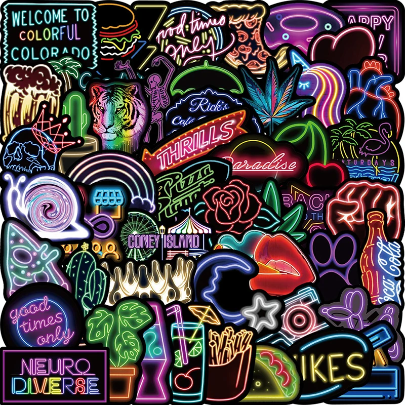 

50PCS Cartoon Neon Light Graffiti Stickers Laptop Luggage Motorcycle Phone Cool Waterproof Decals Toy Sticker For Kids