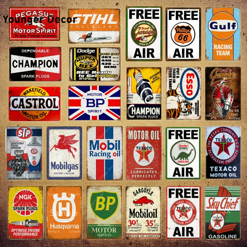 

Vintage Texaco Champion Motor Oil Tin Signs Gulf Motorcycle Car Tyres Poster Garage Shop Gasoline Home Metal Wall Decor Sticker