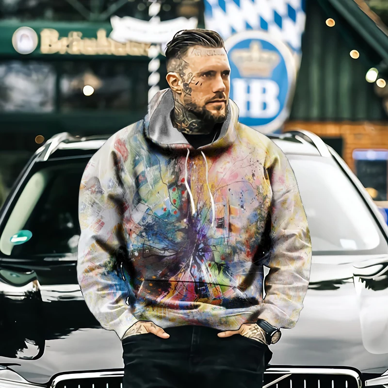 

Men's New Hoodie Long Sleeve Sweatshirt Street Retro Art European and American Style 3D Graffiti Hip Hop Street Fall Winter