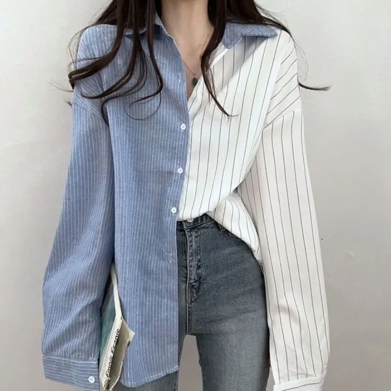 New Patchwork Black White Striped Women Shirts Korean Fashion Simple Contrast Color Long Sleeve Blouses Spring Autumn