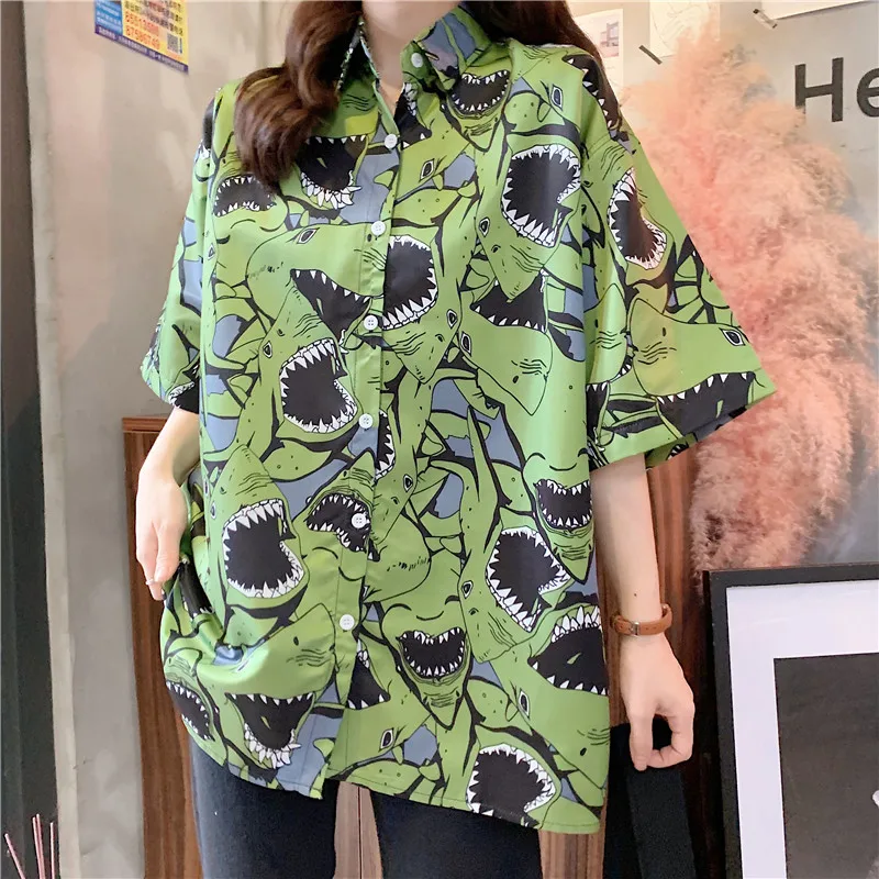 

Summer Fashion Shirt Women Oversized Short-Sleeved Top Cartoon Print Shirt Single-Breasted Female Clothes