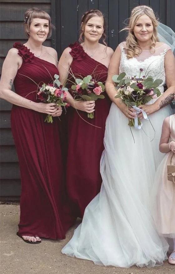 

Sexy One Shoulder Pleated A Line Wine Red Chiffon Long Cheap Bridesmaid Dresses