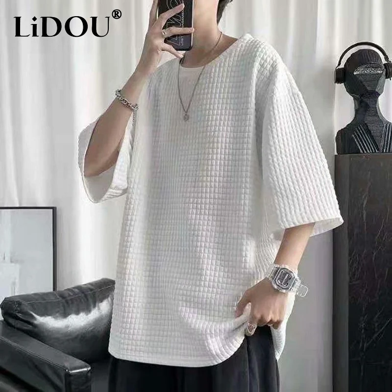 

2023 Summer New Solid Color Round Neck Half Sleeve Tops Men's Loose Casual Waffler Pullovers Man Fashion High Street T-shirt