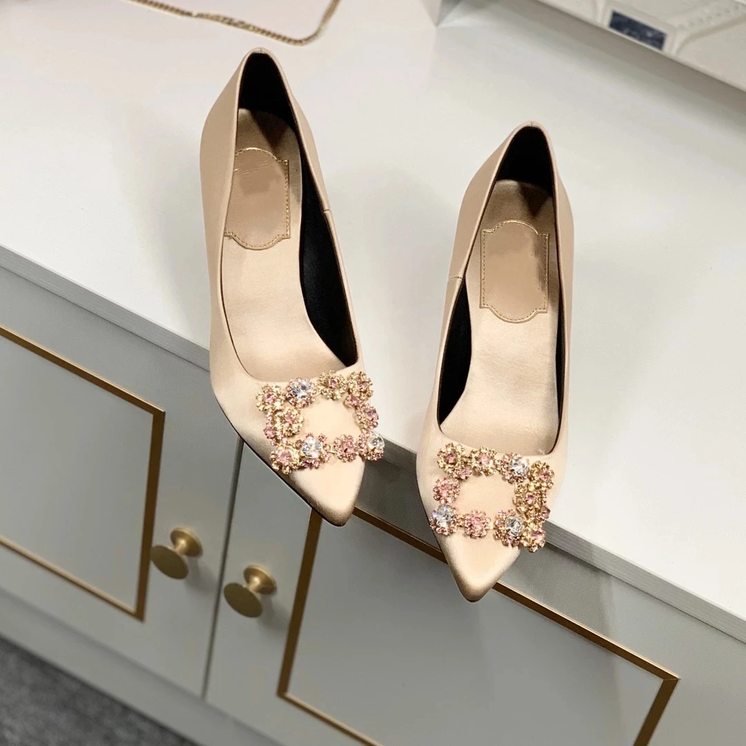 2023 New Style Wedding Shoes Satin High Heel Satin Rhinestone Square Buckle Flat Bottom Bridesmaid Shoes Women
