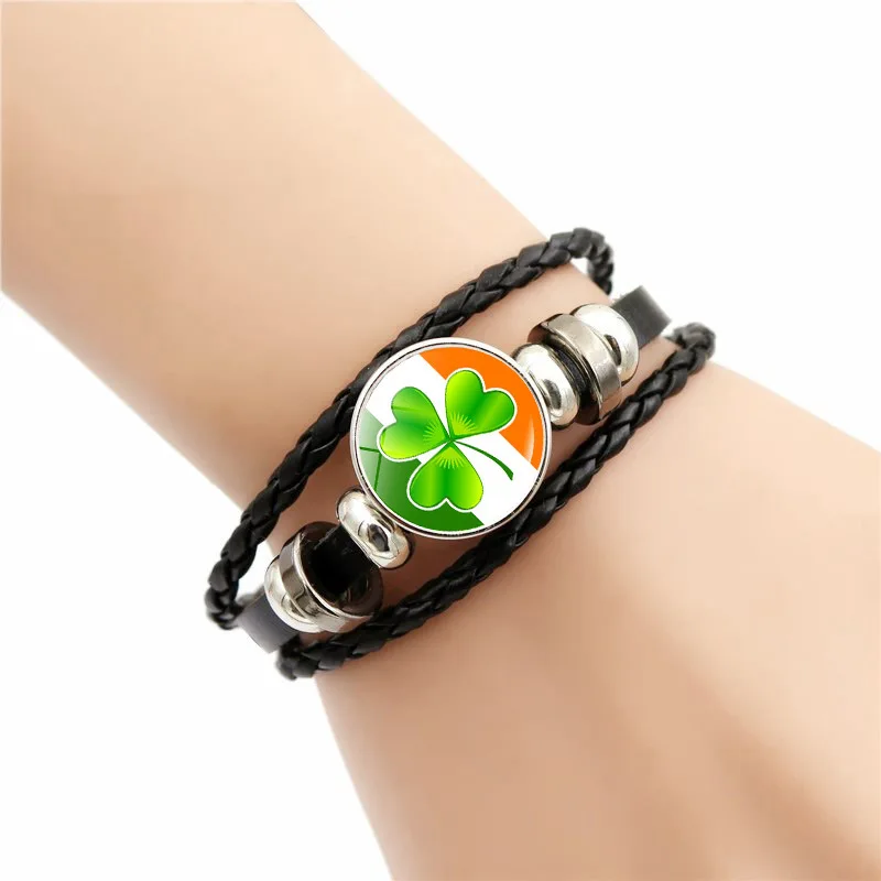 Ирландский флаг клевера кожаный браслет тканые бусины с зеленой счастливой
