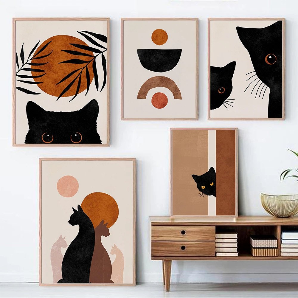 

Abstract Boho Sun Bowls Black Cats Print Wall Art Nursery Decor Minimalist Neutral Cat Canvas Painting Modern Room Decor Poster