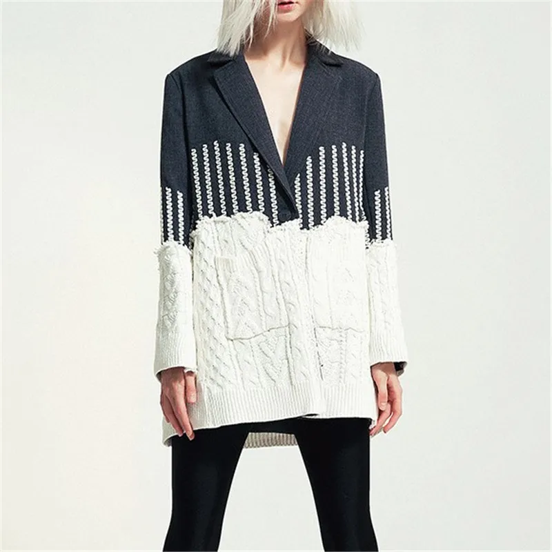 

Women Fall Winter Fashion Slim Jacket Personality Stitching Jacquard Knitting Patchwork Coat Gradual Woolen Self-design Blazer