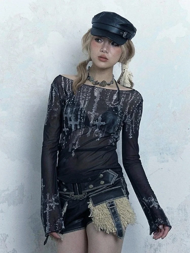 Готические графические футболки для женщин прозрачный сетчатый топ Y2k с длинными