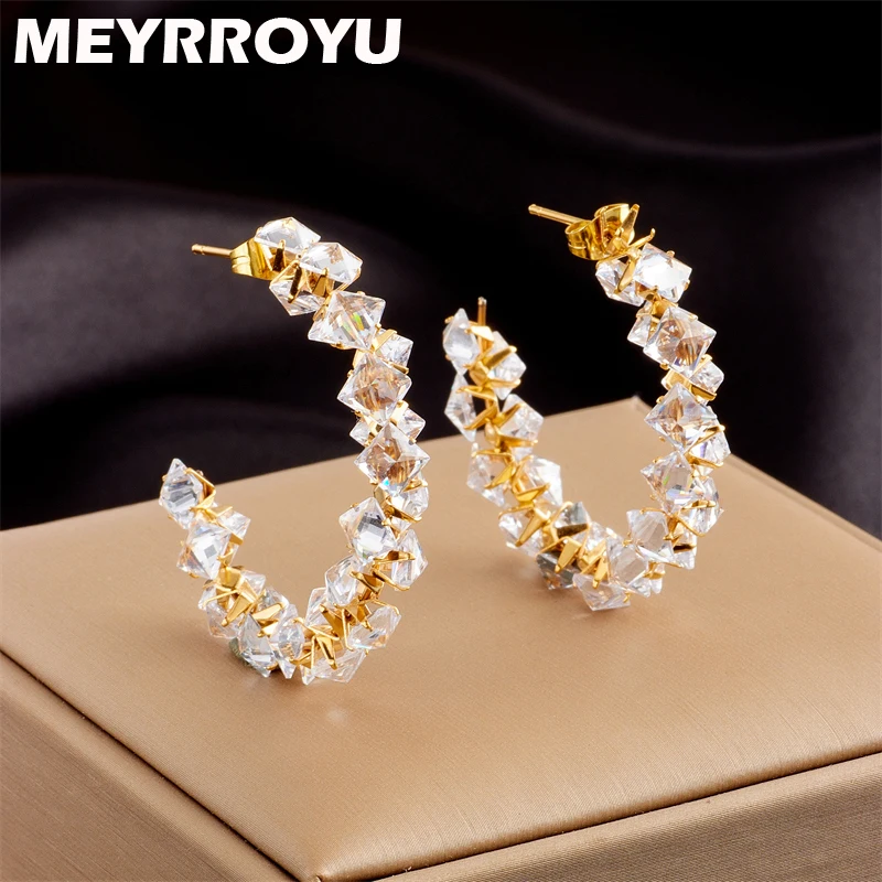 

MEYRROYU 316L Stainless Steel C Sharp Full Cubic Zirconia Statement Earrings For Women Female Wedding Party Gift Brincos