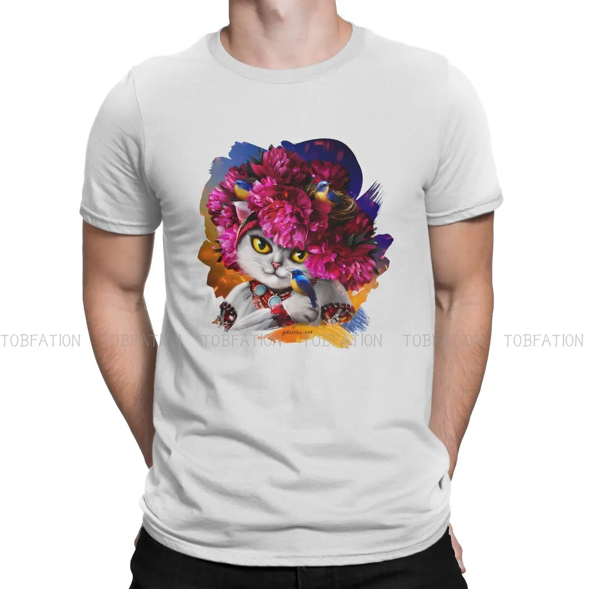 

Футболка мужская с круглым вырезом, винтажная рубашка в готическом стиле, с изображением кота, украинского белого в розовом венка, топ свободного покроя, одежда для подростков