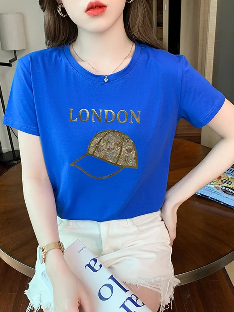 TuangBiang лето 2022 блестящая хлопковая футболка с буквенным принтом лондонская шляпа
