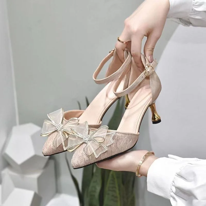 

Women's Pumps Satin Creamy-white Rhinestone Bow Pointed Toe High Heels Wedding Party Fashion Office Lady Shoes 2022