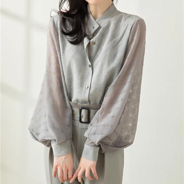 

Korean pleasant Fashion lantern puff sleeve stand-up collar single-breasted shirt top white blouse women ladies tops