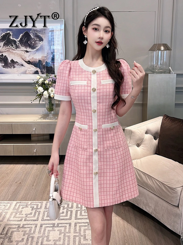 

ZJYT Autumn Fashion Plaid Tweed Woolen Dresses for Women 2023 Short Sleeve Casual Vintage Vestido Feminino Elegant Robe Pink