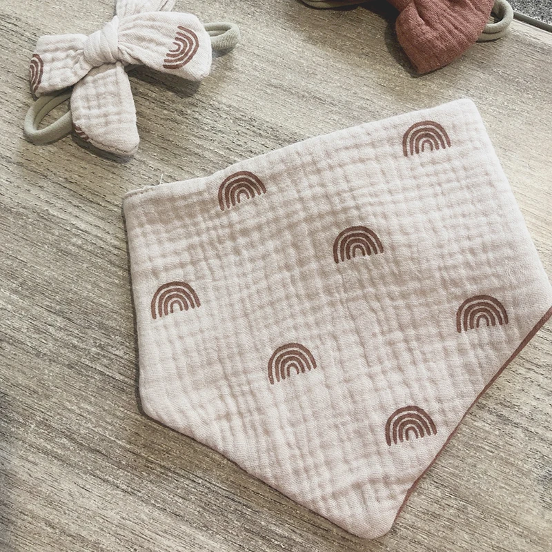 3Pcs/Set Muslin Cotton Baby Bib Bow Headband Adjustable Button Triangle Saliva Towel Print Infant Boy Girl Feeding Burp Cloth images - 6