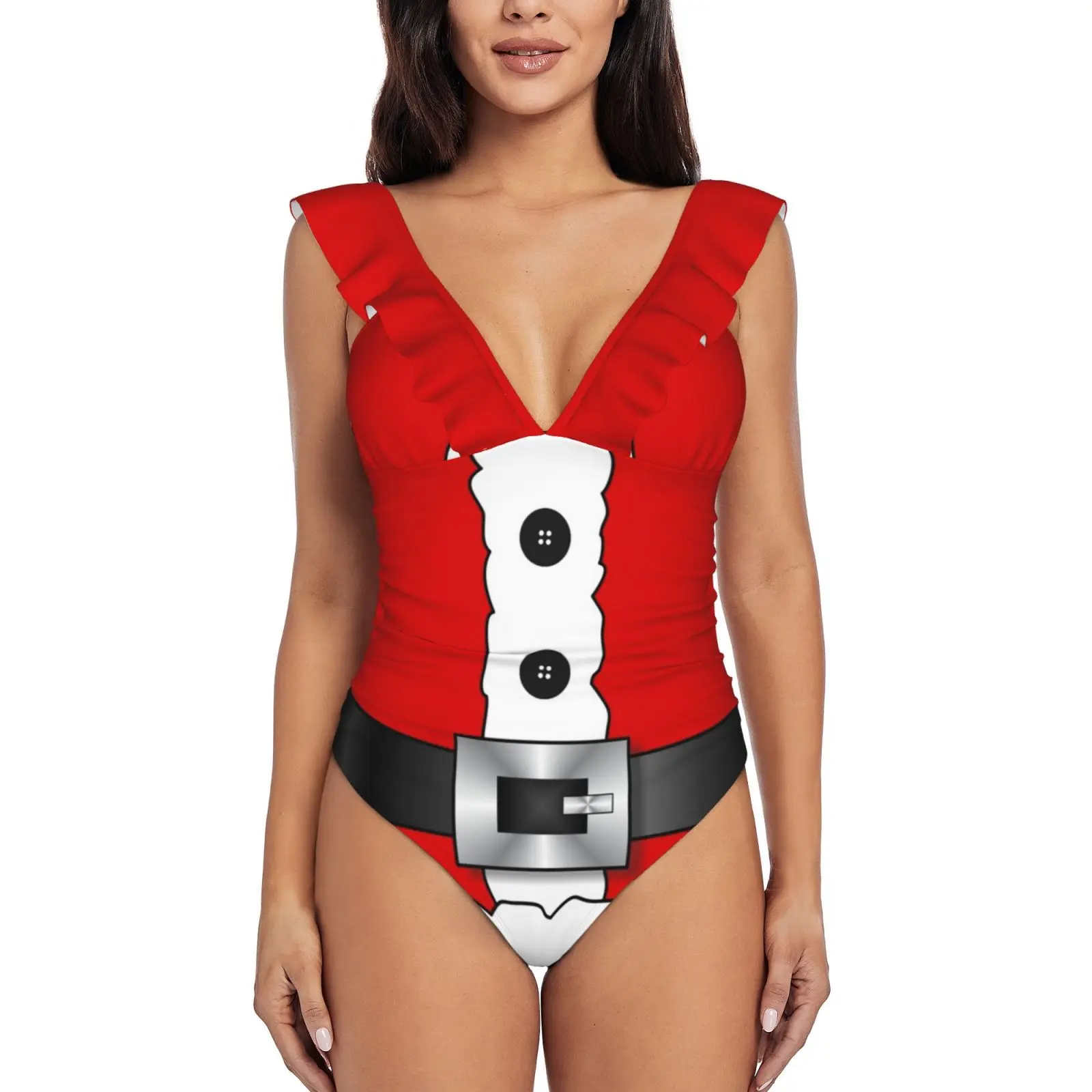 

Рождественский купальник Hohoho с красным Санта-Клаусом и оборками, женский купальник, монокини, пляжная одежда, купальные костюмы, винтажный ...