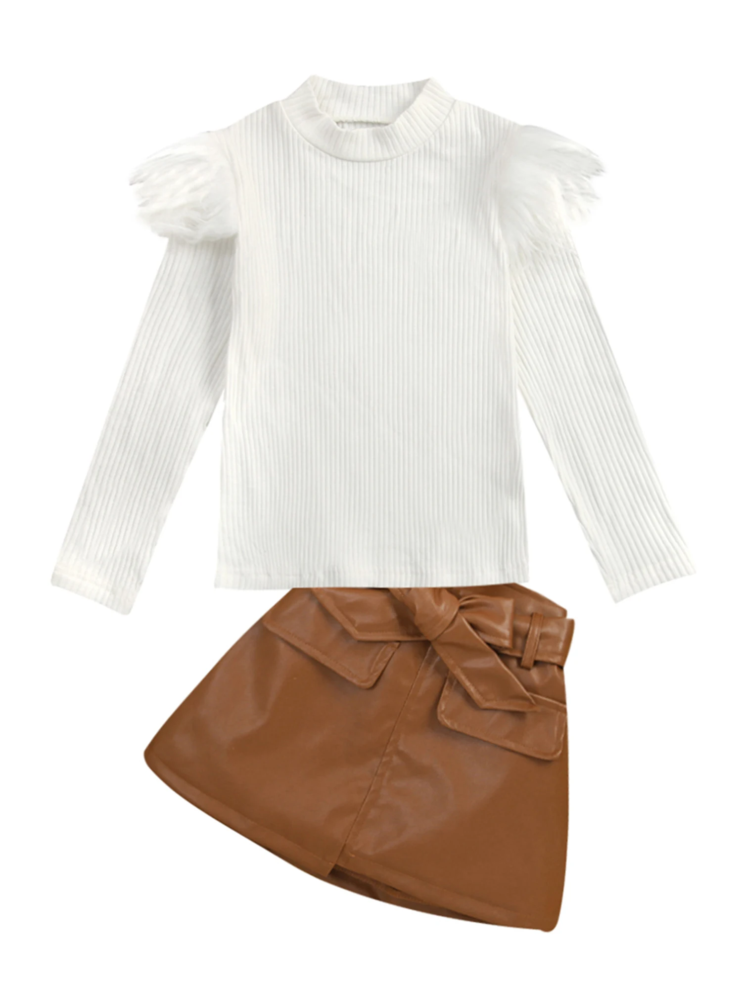 

Комплект из 2 предметов для девочек, повседневная однотонная пушистая трикотажная кофта с длинным рукавом и короткая юбка с поясом