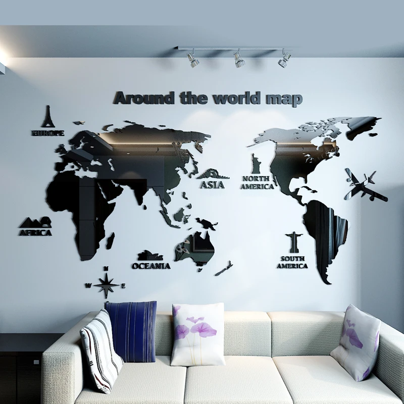 

Large size New World map Acrylic Mirror Wall stickers Creative office 3D DIY art Wall decor Living room Home decoration
