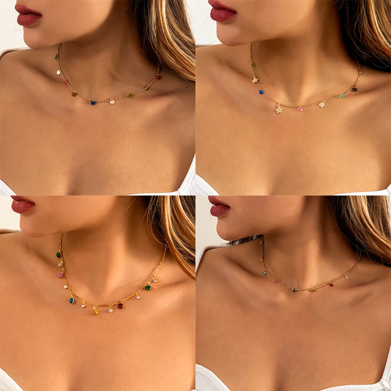 

New Fashion Minimalism Thin Link Chain Choker Necklace For Women Geometric Sequins Flowers Glass Pendant Punk Aesthetic Jewelry