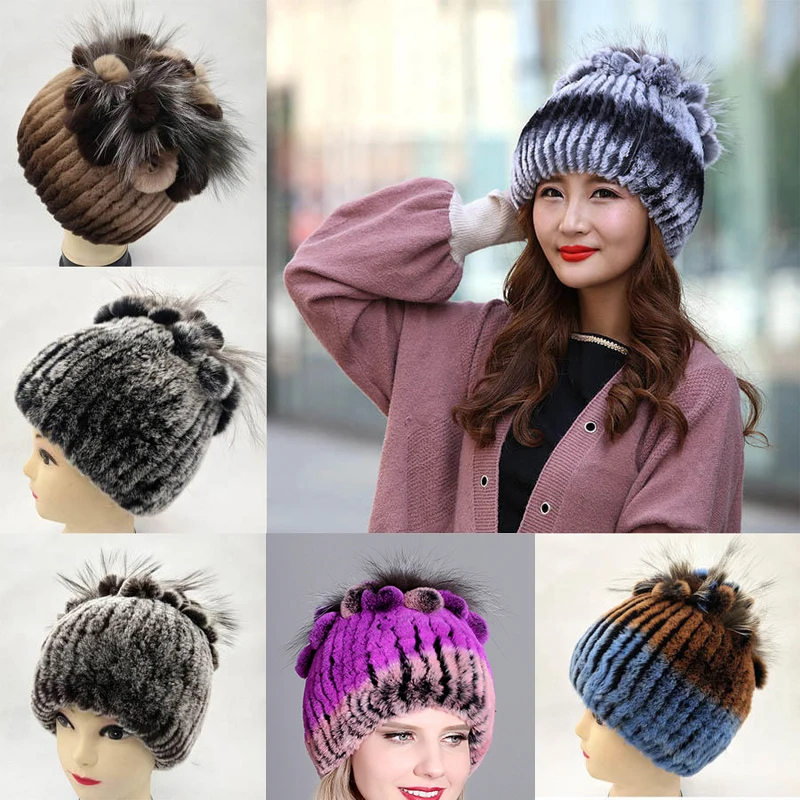 

2023 Fashion Female Soft Colorful Woven Hats Rabbit Fur Hat Women Winter Warm Thick Knitted Cap Outdoor Beanies Cap for Skiing