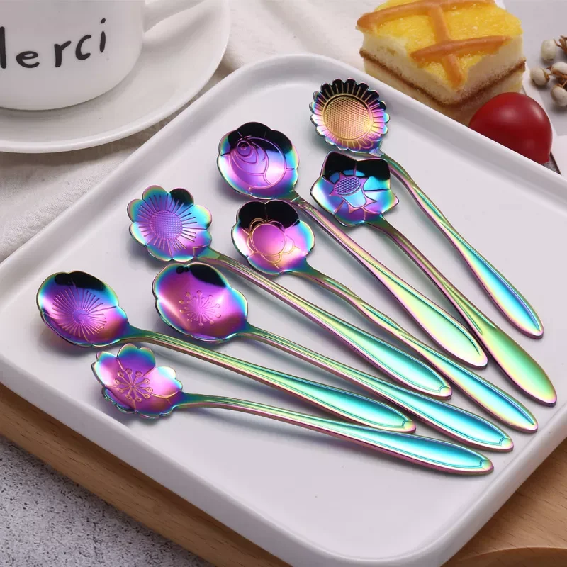 

2023New Magic Color Gold-plated Spoon Rainbow Color Cherry Blossom Spoon Rose Spoon Colorful Coffee Spoon
