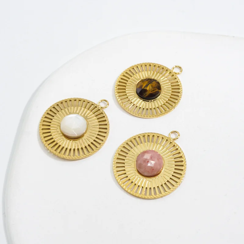 

Массивные круглые подвески из нержавеющей стали, французские винтажные Подвески с тигровым камнем и белыми ракушками для изготовления ожерелья, ювелирных изделий