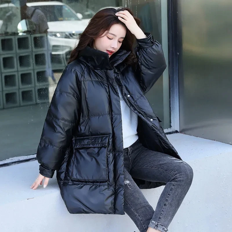 Women's Fashion Glossy Stand Collar Snow Coat Solid Warm Cotton Jacket Loose Zip Up Overcoat Winter Warm Windproof Hooded Parkas