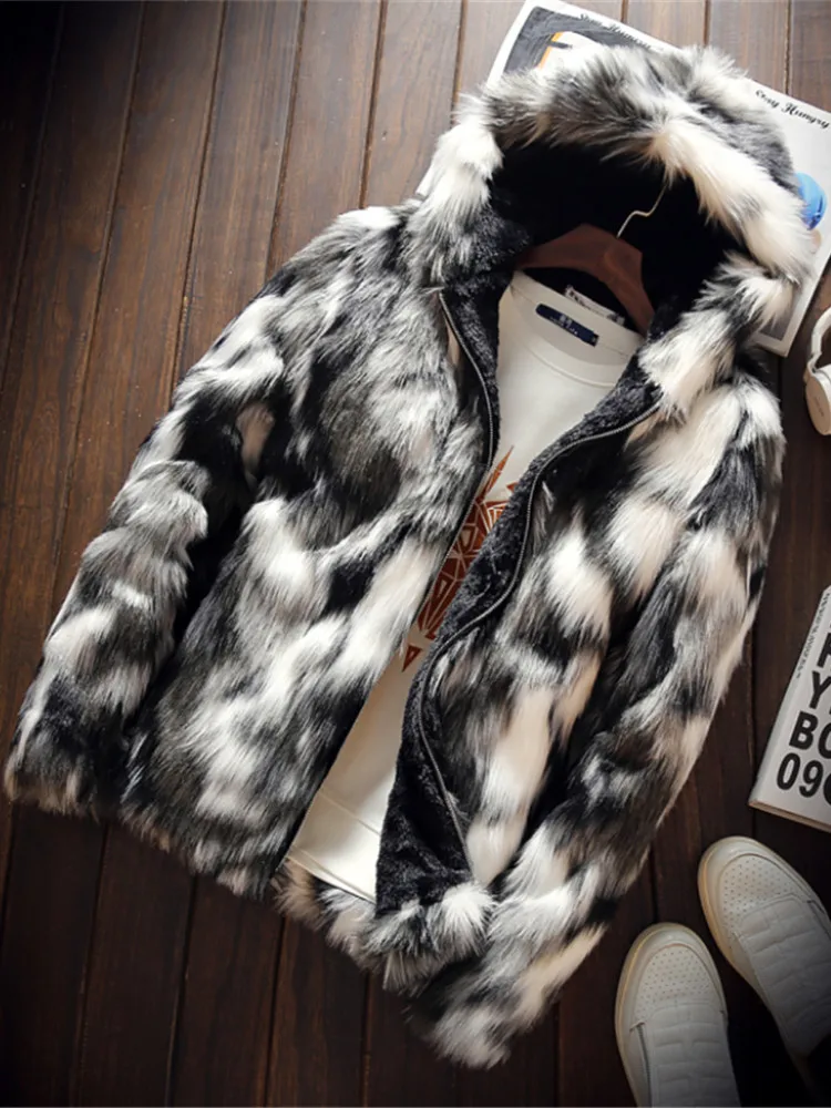 

Men's Winter New Casual Plush Fluffy Windproof Hooded Long Sleeve Leopard Fur Jacket Coat Zip Up Plus Size M-5XL Men's Clothing