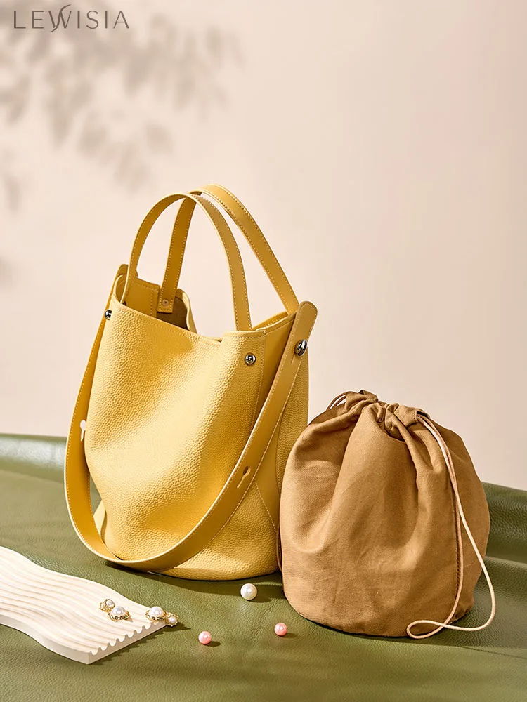 

LEWISIA 2023 New Genuine COW LEATHER Leather BucketLarge Capacity Vegetable Basket Tote Women's Spring/Summer One Shoulder Hand