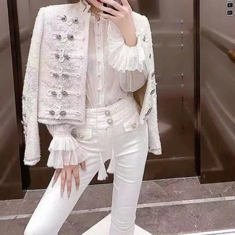 

Vintage Handmade Pearls Beaded Floral Lace Spliced White Woolen Tweed Blazers Coat High Waist Suits Jacket Cardigan Jaqueta Tops