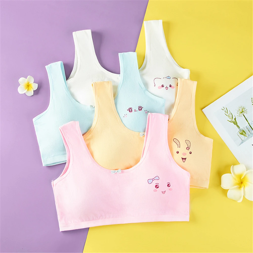 Soft Cotton Children Girls Underwear Kids Girl Solid Color Cartoon Smiling Face Vest Bra Tank Top Crop Tops for Girl 9-16Years