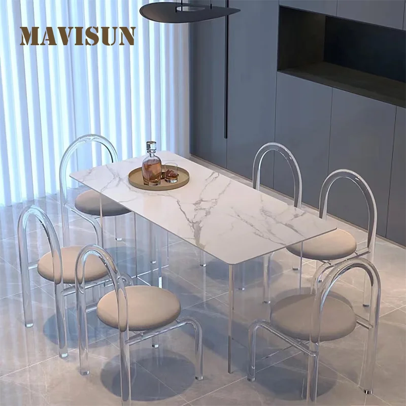 

Acrylic Dining Table Designer Modern Marble Desktop Home Decoration Concise Transparent Frame Accent Kitchen Table And Chair Set