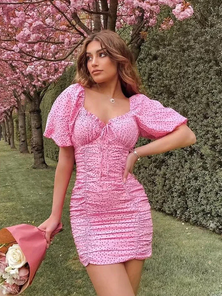 

Элегантное французское платье XEASY в горошек, шикарная мини-юбка в стиле ретро с пышными рукавами, летнее праздничное приталенное розовое Пл...