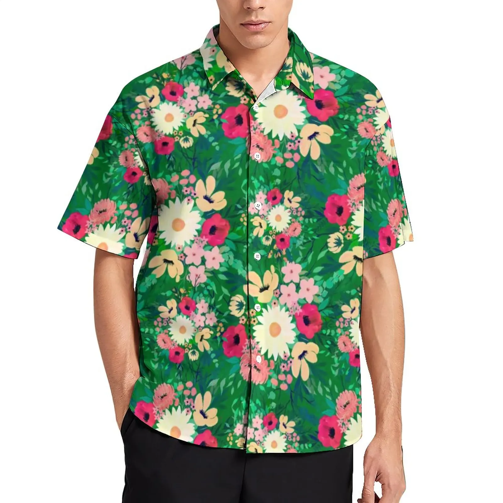 

Повседневная рубашка с акварельным принтом маргариток, свободная рубашка для отпуска с цветочным принтом, Гавайские винтажные блузки, диза...