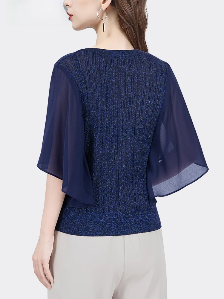 Вязаная женская тонкая шифоновая рубашка топ с короткими рукавами летучая мышь