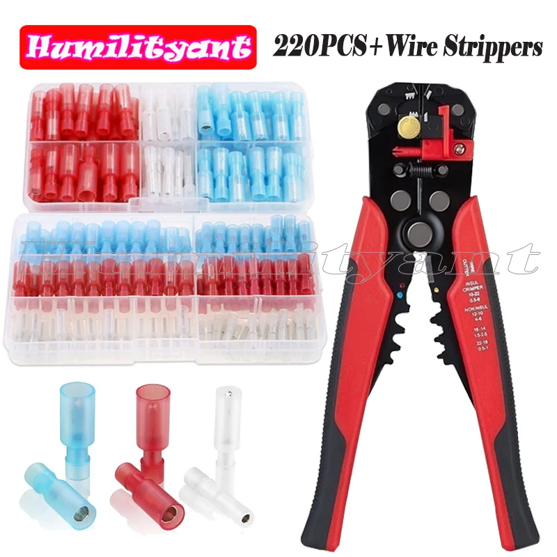 

220/130/60PCS Wire Crimp Terminals Nylon Insulated Female Male Bullet Connector Terminals with Multifunctional Wire Strippers