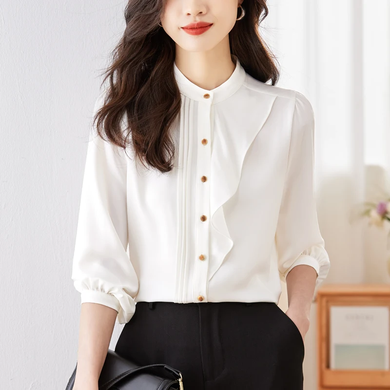 Женская шифоновая блузка с оборками элегантная повседневная свободная офисная