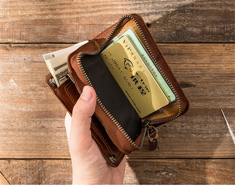 Retro fashion high quality natural genuine leather men's and women's short wallet outdoor daily real leather storage key case