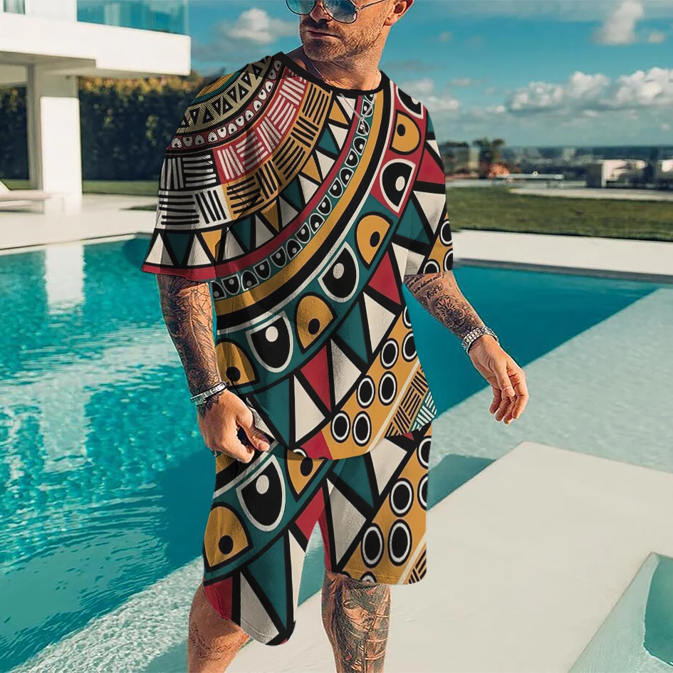 

Men Summer New Tracksuit Suits Jogging Colorful T Shirt Outfits 3d Printed Breathable 2 Piece Sets African Totem Series Sports