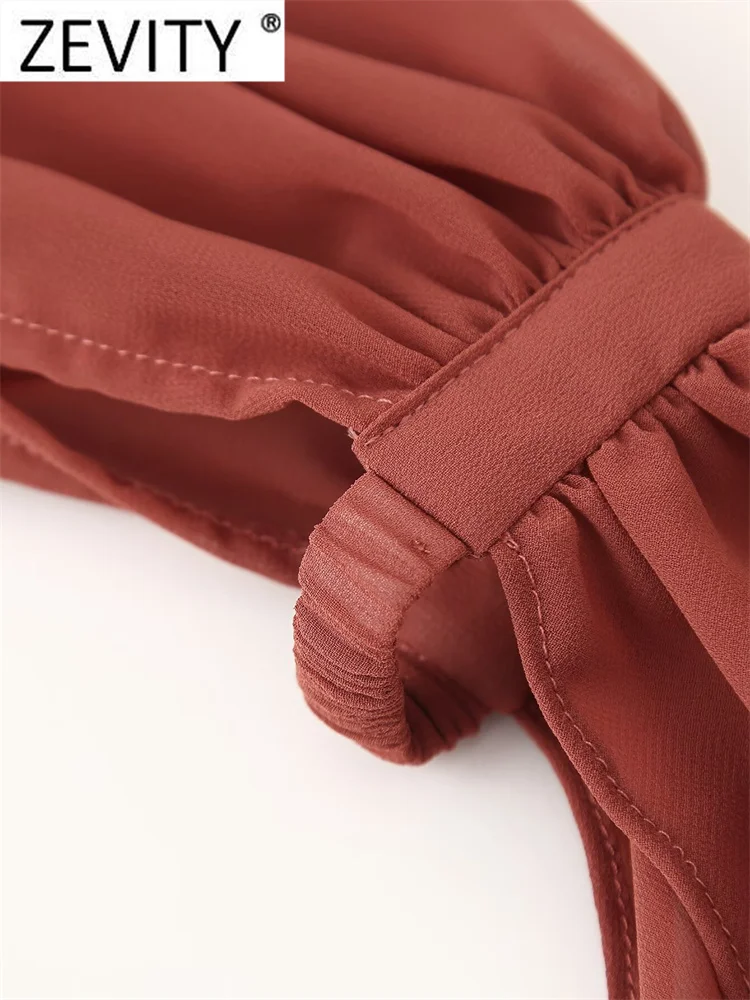 Zevity женская мода с v-образным вырезом и складками оборками однотонная шифоновая