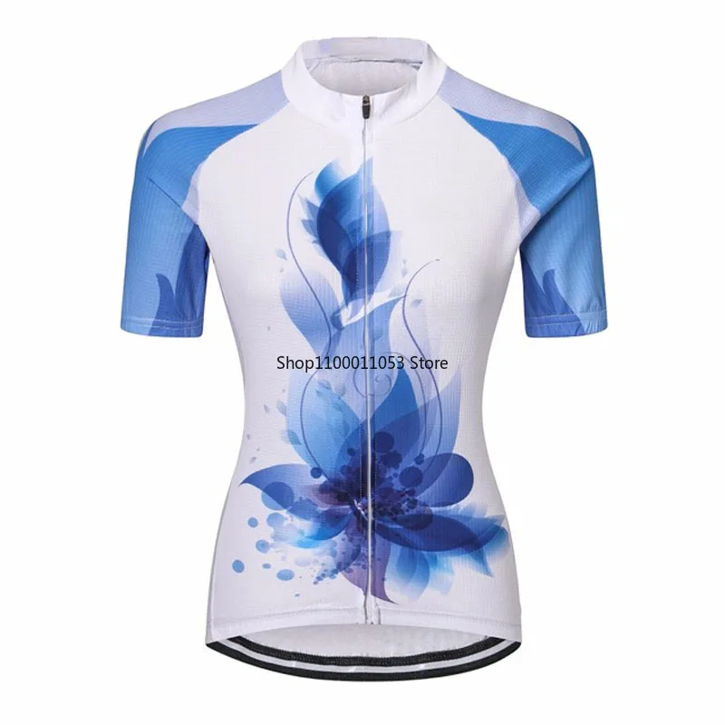 

Elegant Women Cycling Shirt Boutique Blue Lotus Bike Clothing Breathable Quick Dry Short Sleeve Riding Jersey