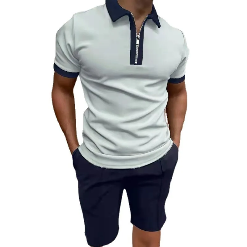 

2022 Men's Sports Suits Quick Dry Running Clothes Set Gym Zip short sleeve T-shirt + Shorts Summer Polo shirt Sportswear