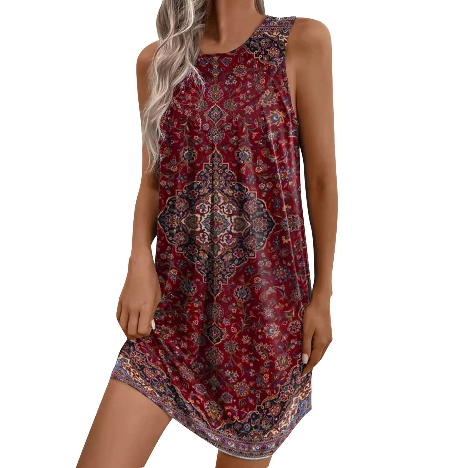

Women's Summer Sleeveless Round Neck National Style Printed Fashion Dress Casual Dress for Juniors