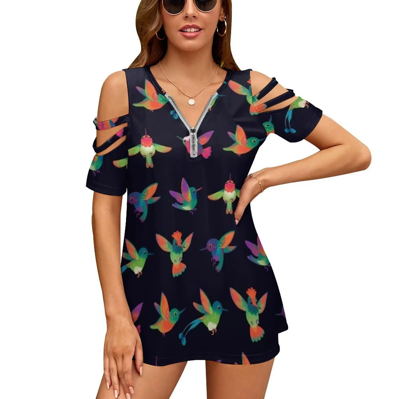 

Hummingbird New Fashion Zip Off Shoulder Top Short-Sleeve Women Shirt Hummingbird Bird Birdart Birdartist Birdlovers Pikaole