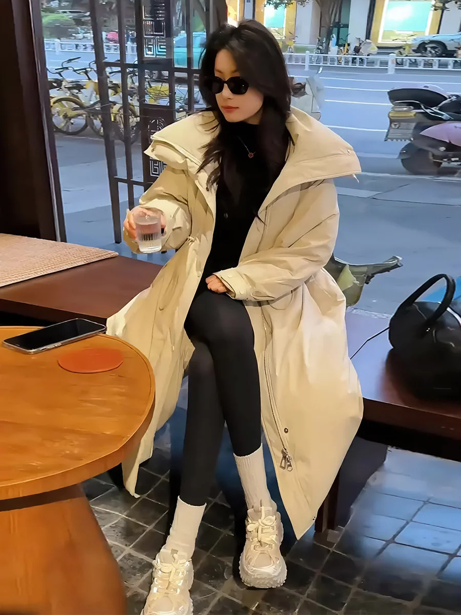 2024 Winter New Fashion Light Luxury Advanced Drawstring Hood Design Long 90 White Duck Down Down jacket Outerwear Women