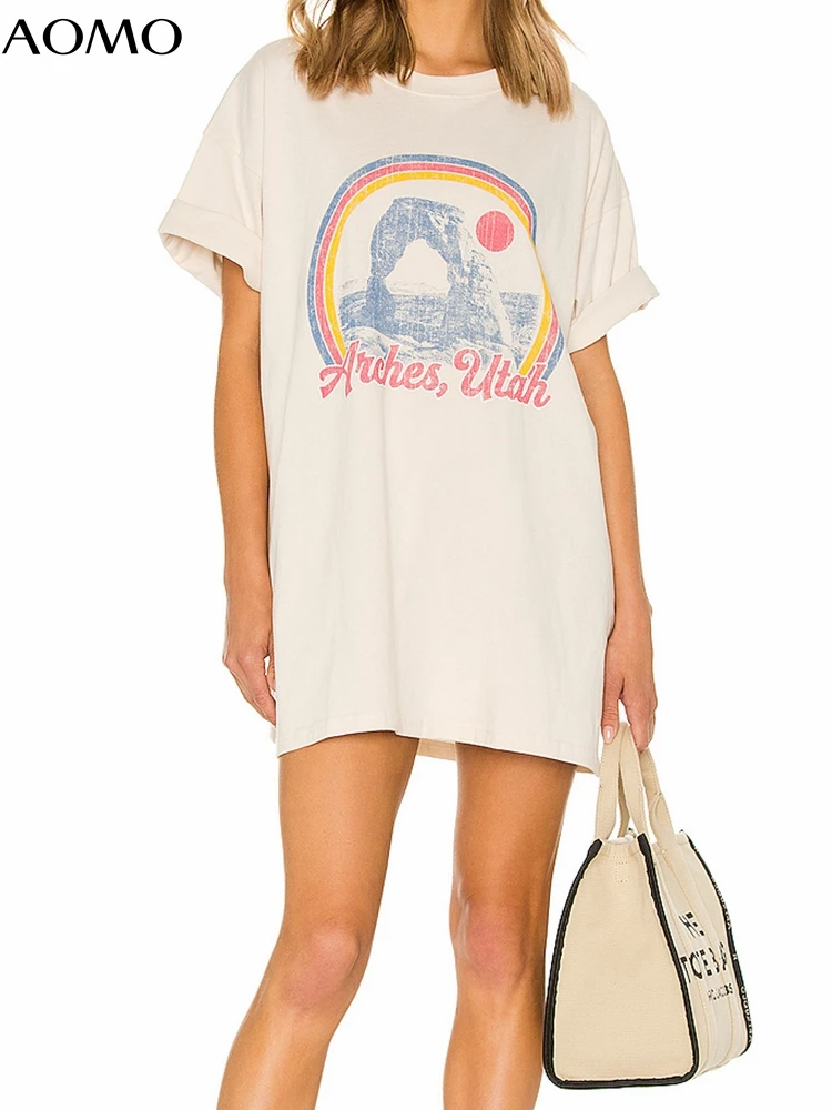 

AOMO 2022 Summer Women Print Oversized T Shirt Dress Short Sleeve Ladies Loose Short Dress 4D48A