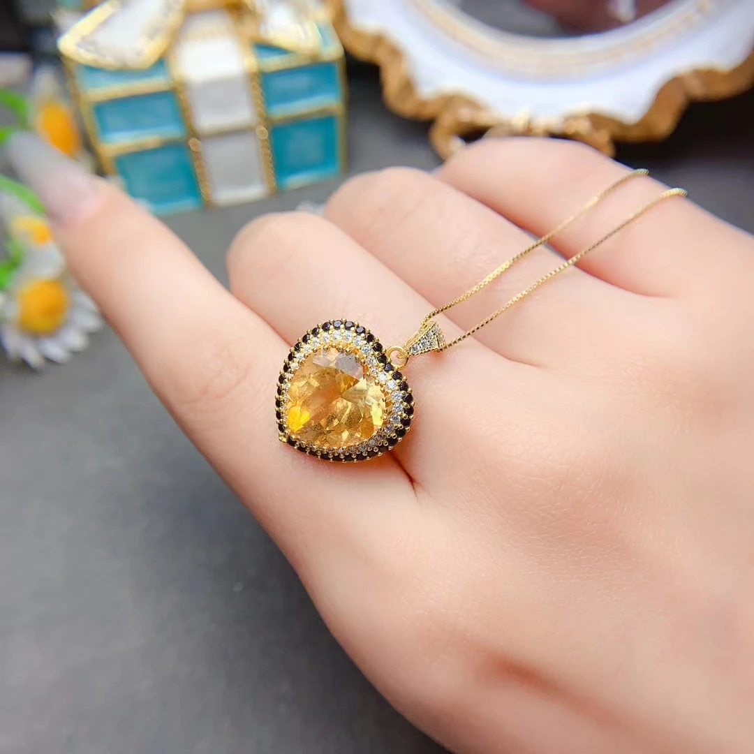 Классическое ожерелье с подвеской в форме сердца, искусственная Бриллиантовая подвеска, 12mn, 5ct, VVS натуральный цитрин, однотонное Ювелирное Украшение 925 Вечерние